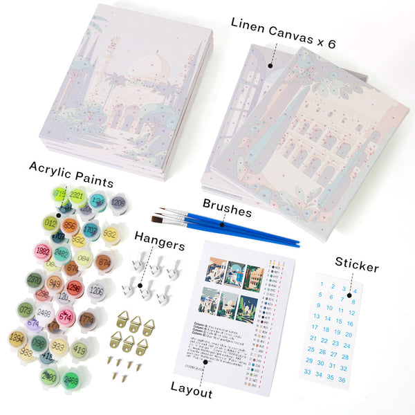 Wanderlust Wonders set with linen canvas, acrylic paints, brushes, hangers, stickers, and layout.