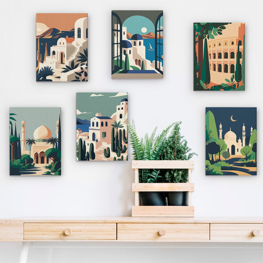 Wanderlust Wonders painted canvases displayed on a wall, showcasing a cohesive aesthetic of diverse architectural scenes.
