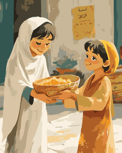 Two children share a basket of food with warm smiles, symbolizing kindness, generosity, and the spirit of giving, set in a peaceful and traditional setting.