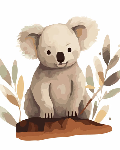 Cute watercolor painting of a baby koala sitting on a log