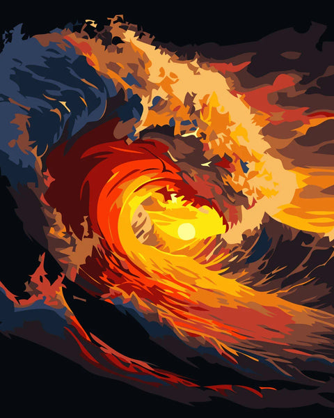 Vibrant abstract painting of a fiery wave with sunset