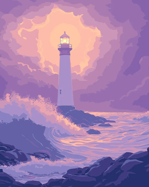 A towering lighthouse stands resilient against crashing ocean waves, illuminated by a glowing sunset through stormy clouds, creating a dramatic and inspiring scene.