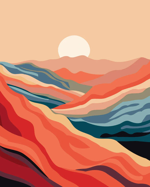 Abstract sunset landscape painting with colorful flowing mountain layers