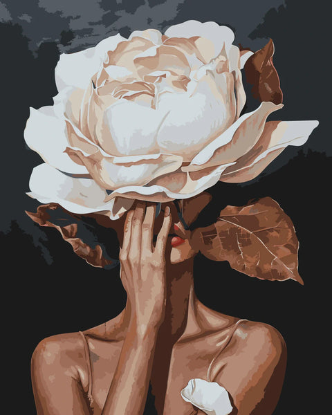 Surreal portrait painting of a woman with a large rose head