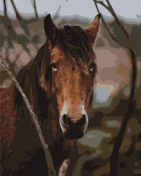 Stylized painting of a brown horse in a natural setting