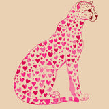 Pink cheetah covered in heart patterns on a beige background
