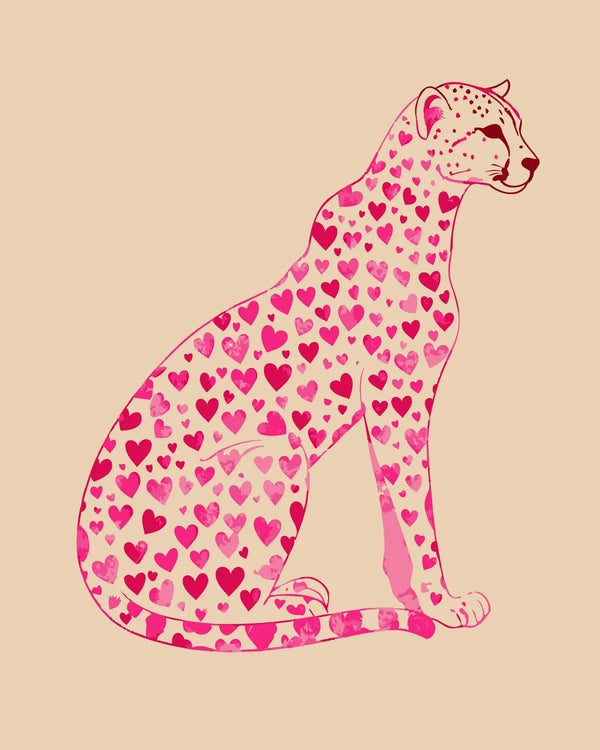 Pink cheetah covered in heart patterns on a beige background