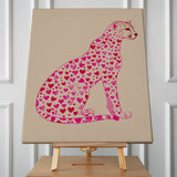 Pink cheetah covered in heart patterns on a beige background