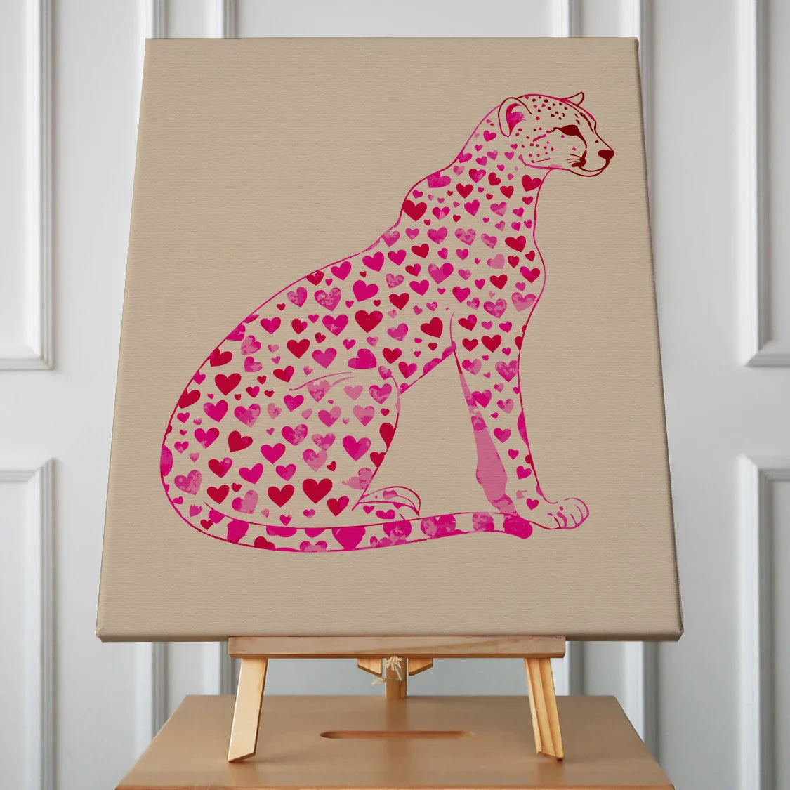 Pink cheetah covered in heart patterns on a beige background