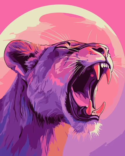 Painting of a roaring lioness in vibrant pink and purple hues