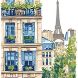 Parisian building with blue windows and Eiffel Tower in background