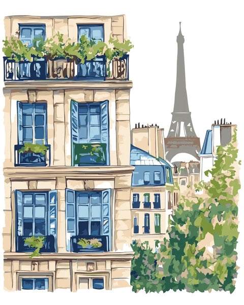 Parisian building with blue windows and Eiffel Tower in background