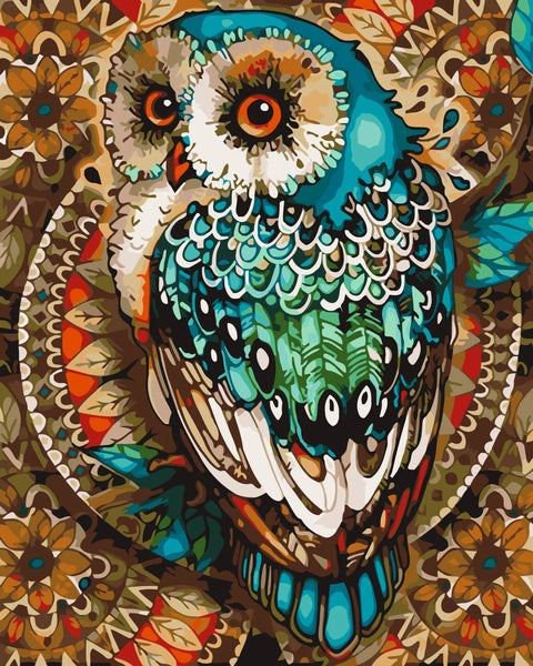 Colorful stylized painting of an owl with intricate patterns