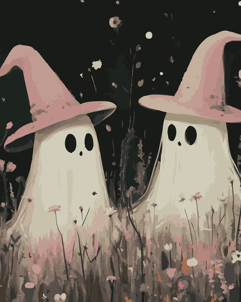 Two cute ghosts wearing pink witch hats in a flower field