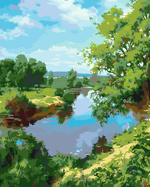Painting of a peaceful river landscape with lush green trees