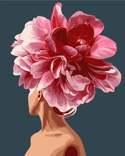 A woman with a large blooming red flower as hair
