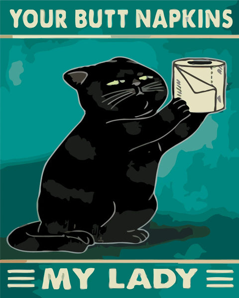 Painting of a black cat humorously presenting toilet paper roll