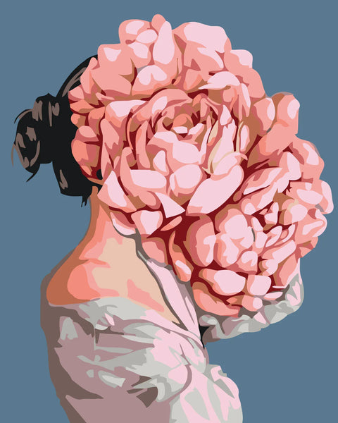 Surreal portrait of a woman with blooming pink roses head